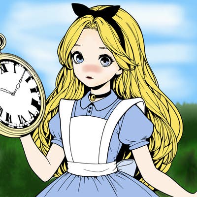 realistic alice in wonderland holding a large watch