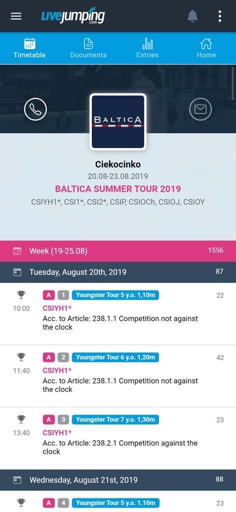 LiveJumping.com - LiveJumping app interface showing the equestrian competition schedule and timetable for the Baltica Summer Tour