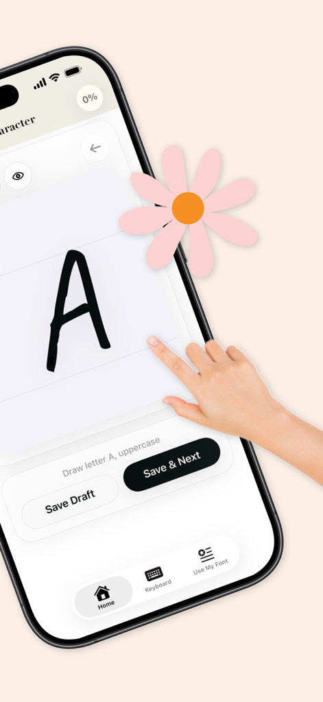 Font Maker: Custom Keyboard - Un usuario dibujando una letra mayúscula A en un smartphone para crear una fuente manuscrita personalizada