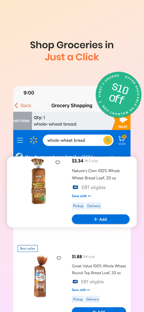 RecipeBox - Save Your Recipes! - RecipeBox app interface showing integrated grocery shopping with Walmart and a special discount offer.