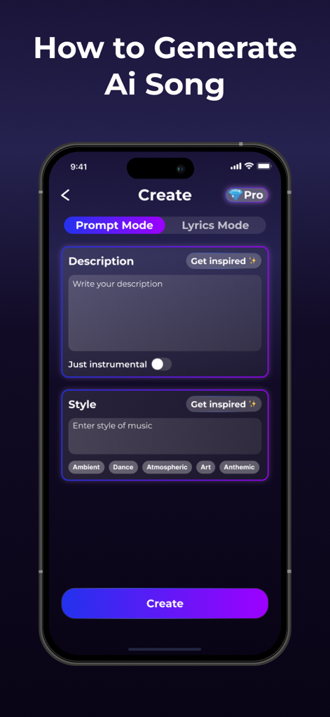 AI Songs: Track Generator - Interfaz de la aplicación AI Songs que muestra la pantalla del modo de indicación para generar música con entradas de descripción y estilo