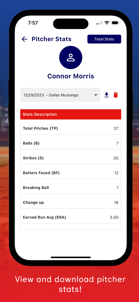 Uma tela móvel do aplicativo Track-A-Pitch mostrando estatísticas detalhadas de arremesso como arremessos totais, strikes e ERA para um jogador individual.
