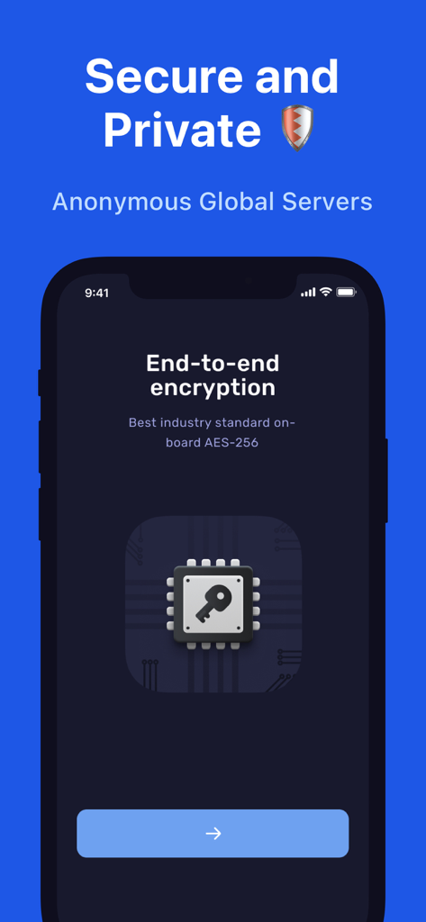 Interfaccia dell'app Super VPN Secure Proxy Master che evidenzia la crittografia end-to-end AES-256 per una navigazione sicura e privata.