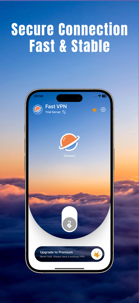 VPN-Fast VPN Proxy ВПН 1 - Smartphone che mostra l'interfaccia dell'app Fast VPN con un pulsante di connessione con un tocco e uno sfondo di nuvole al tramonto.