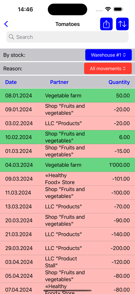 Warehouse accounting - A mobile screen showing a detailed list of stock movements for tomatoes with dates, partners, and quantities in green and red.