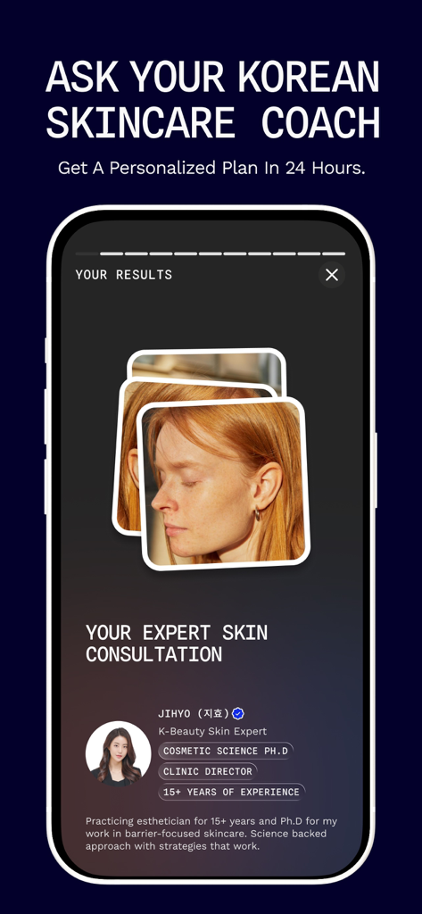 Venus: Personal K-Beauty Coach - Venus app screen showing a personalized skincare consultation with a licensed Korean expert.