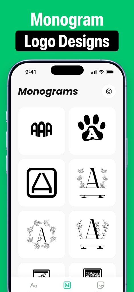 A mobile interface displaying various monogram logo templates for Cricut craft projects.
