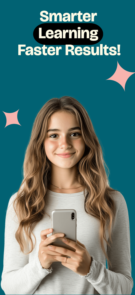 A young student holding a smartphone with the text Smarter Learning Faster Results