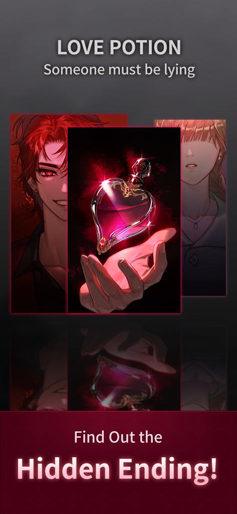 Love Liar : secret romance - Love Liar secret romance game screenshot featuring a glowing heart shaped love potion and anime characters with a call to find the hidden ending