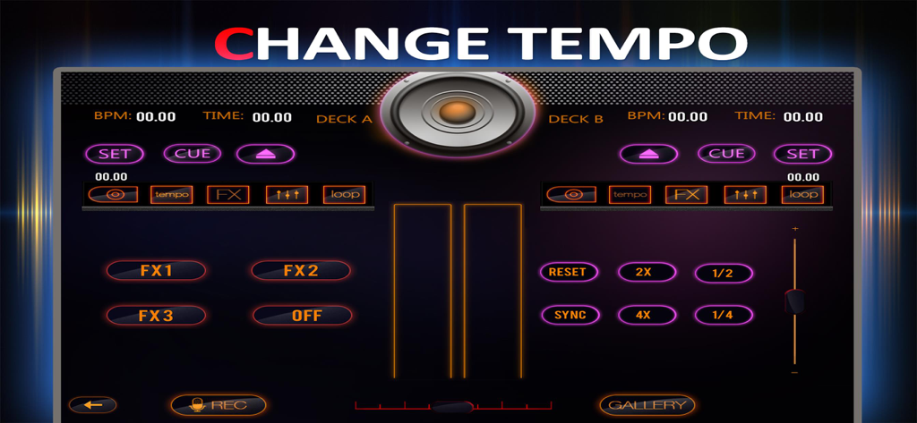 Interface de l'application DJ iRemix 2.0 présentant le tableau de bord des changements de tempo et des effets musicaux