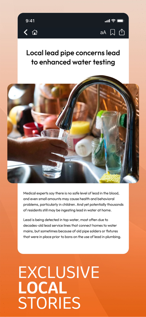 The Journal Times app interface displaying a local news article about water testing with the text Exclusive Local Stories