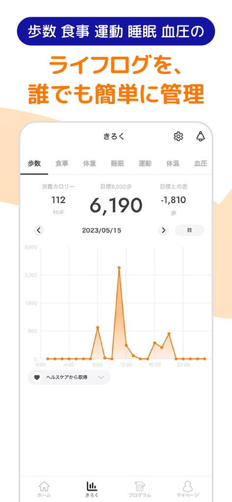 WoLN　健康を楽しく習慣に/健康活動でポイントが貯まる - WoLN app dashboard showing daily step count tracking and health activity graph