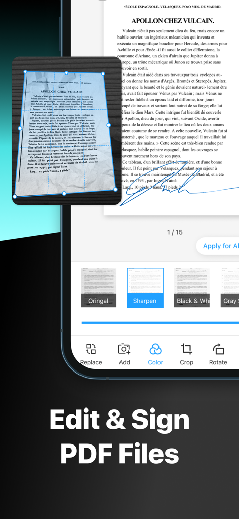 Interface of PDFgear Scan app showing document editing and signing tools