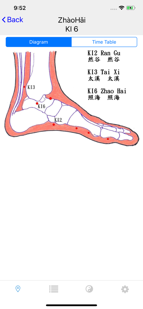 Chrono-Acupuncture - Anatomical diagram of the foot showing specific acupuncture points labeled KI2 KI3 and KI6