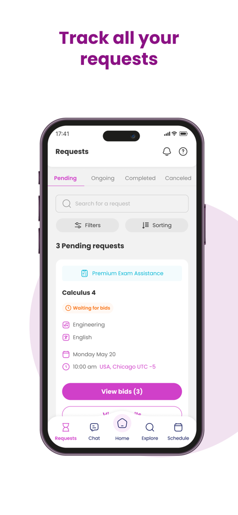 OEG - Find Expert Tutors - OEG app interface showing a pending tutor request for Calculus 4 with available bids.