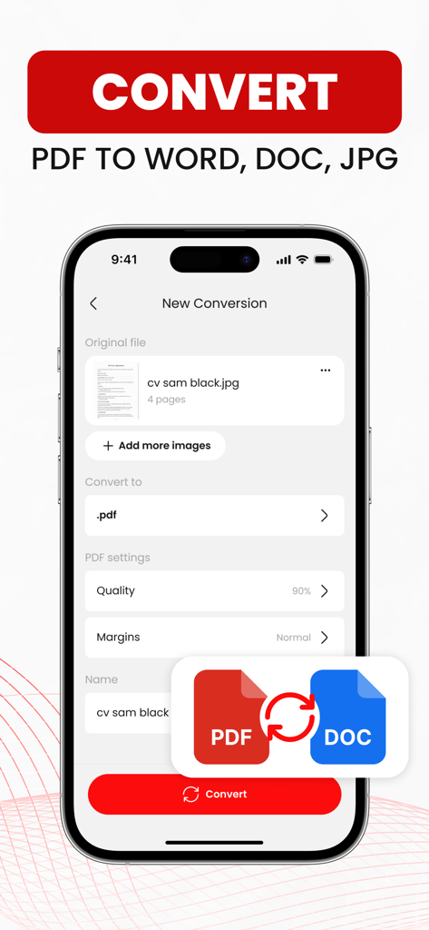 An iPhone screen showing the PDF conversion interface with options to convert a JPG file to PDF including quality and margin settings.