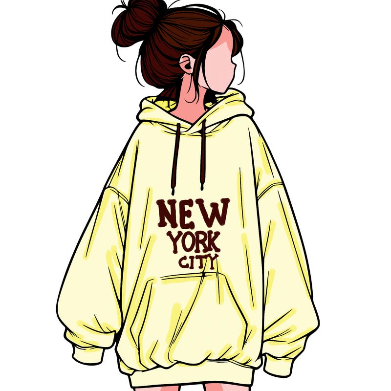 realistic girl with a oversized sweatshirt on and a bun