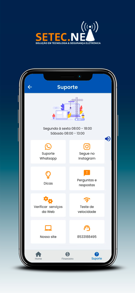 SETEC.NET - Tela de suporte do aplicativo SETEC.NET com opções de suporte via WhatsApp, teste de velocidade e FAQ.