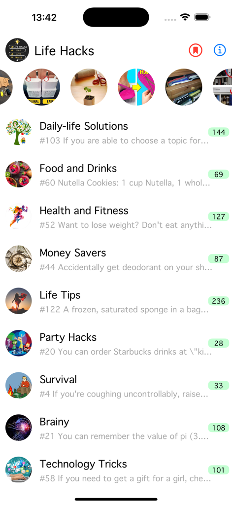 Best Life Hacks 2026 - Interface of the Best Life Hacks app showing a list of categories like money savers and survival