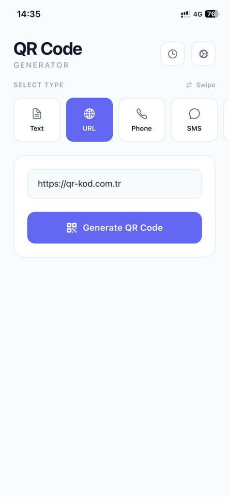 QR Code Maker TR mobile interface for generating a URL QR code