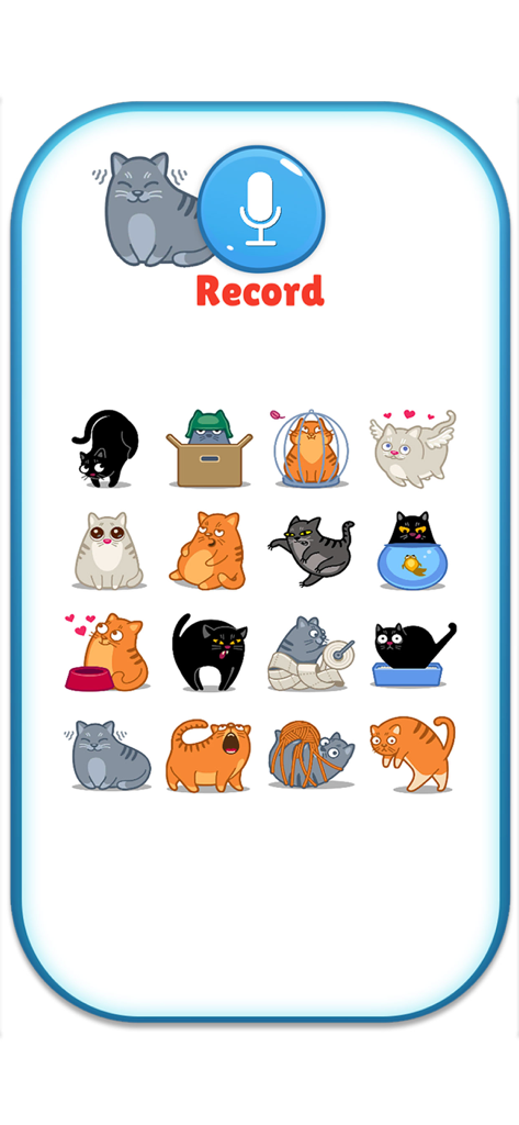 Cat Translate: talk to Kitten - A mobile app screen featuring a blue record button and a grid of sixteen different cartoon cat icons showing various emotions.