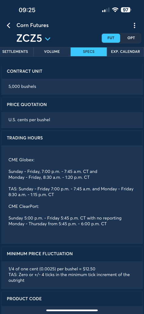 CME Group Mobile - CME Group Mobile app screen showing detailed contract specifications for corn futures including trading hours and contract units