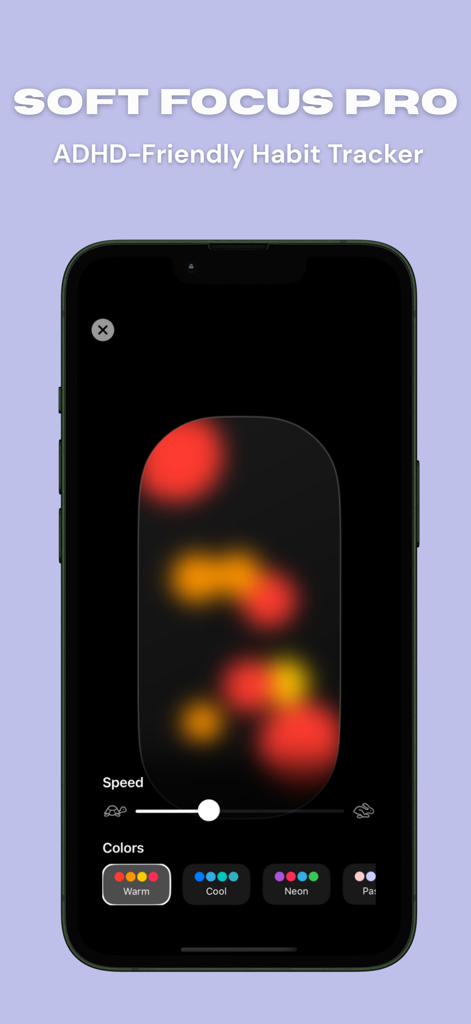 Schermata dello smartphone che mostra le impostazioni visive multisensoriali di Soft Focus Pro con palette di colori personalizzabili e controlli di velocità delle animazioni