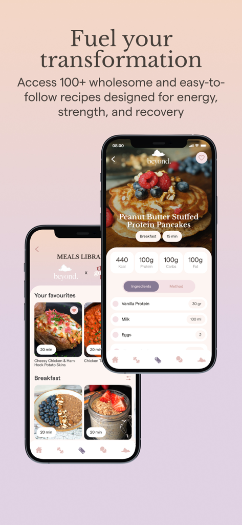 Beyond App screens displaying a healthy meal library and a detailed protein pancake recipe with nutritional macros.