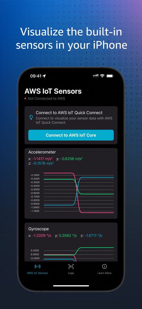 AWS IoT Sensors - AWS IoT Sensors app interface showing real-time accelerometer and gyroscope graphs on an iPhone