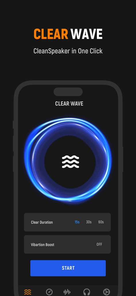Interface of the Clear Wave feature in the Frequency Sound Generator app for cleaning mobile speakers