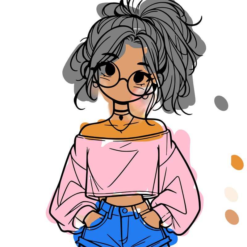 girl with a messy ponytail glasses a baggy crop top and jean shorts