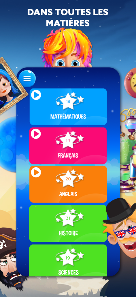 Wiloki-App-Oberfläche mit einer Liste von Schulfächern, einschließlich Mathematik und Französisch, mit spielerischen Symbolen.