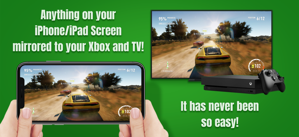 Air Mirror: Smart TV & Console - Mirroring dello schermo dell'iPhone di un gioco di corse automobilistiche su una TV e una console Xbox