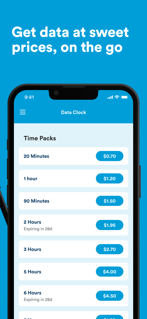 Pantalla de la aplicación Data Clock mostrando paquetes de tiempo de datos móviles por hora asequibles