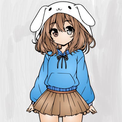 pretty anime girl wearing a fluffy hoodie with bunny ears on the hood and a skirt