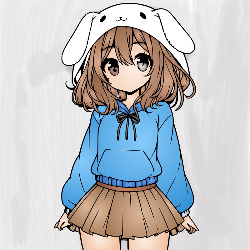 pretty anime girl wearing a fluffy hoodie with bunny ears on the hood and a skirt