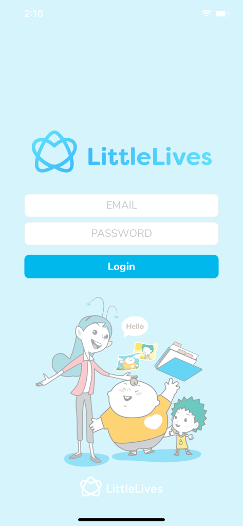 Pantalla de inicio de sesión para la aplicación LittleLives para Maestros con campos de correo electrónico y contraseña e ilustración de un maestro