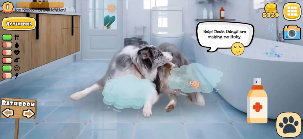 Fruwee: Virtual Pet Dog Games - Cão border collie da vida real se coçando e precisando de tratamento contra pulgas no jogo de animais virtuais Fruwee.