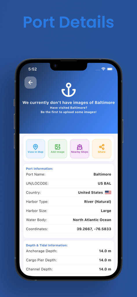 Voyage Radar: AIS Ship Tracker - Dettagli tecnici per il Porto di Baltimora nell'app Voyage Radar, comprese le informazioni sulla profondità