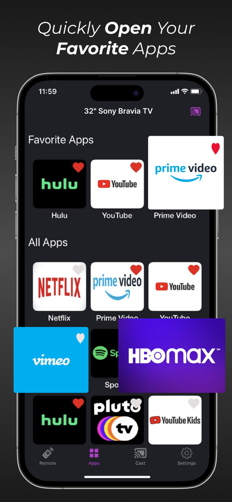 iPhone screen showing the universal TV remote app interface with quick access shortcuts to streaming services like Netflix and Hulu