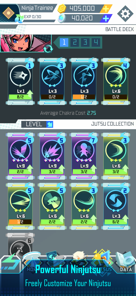 Ninja Gear - バトルデッキとカスタマイズ可能な忍術スキルのコレクションを示すNinja Gearアプリのインターフェイス。