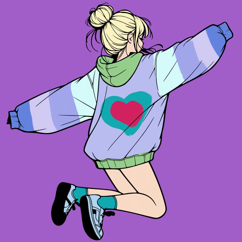 realistic girl jumping with a bun and oversized sweatshirt