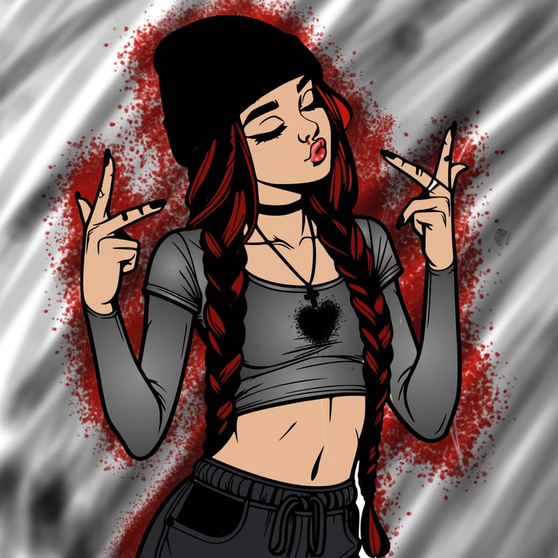 realistic teenage girl with braids and a beanie and crop top doing 🫶🏼