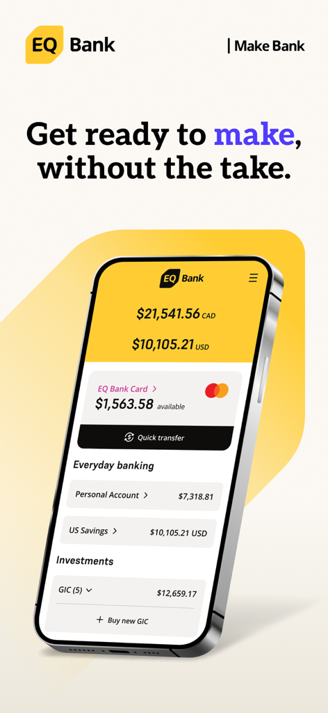 Smartphone displaying the EQ Bank mobile app dashboard with account balances and investment options.