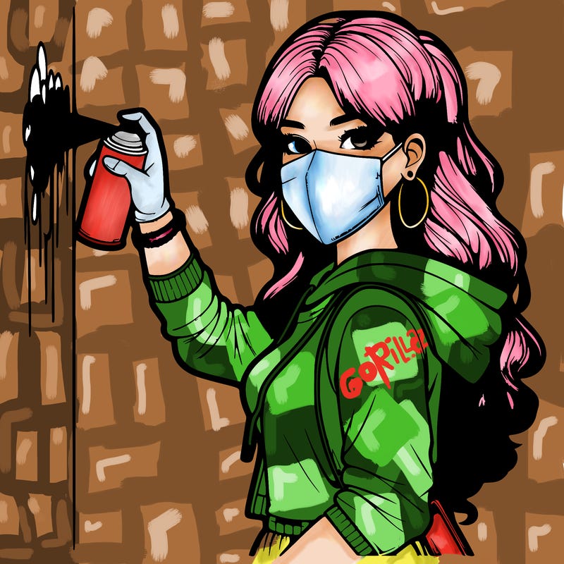 realistic girl with mask spray painting a wall