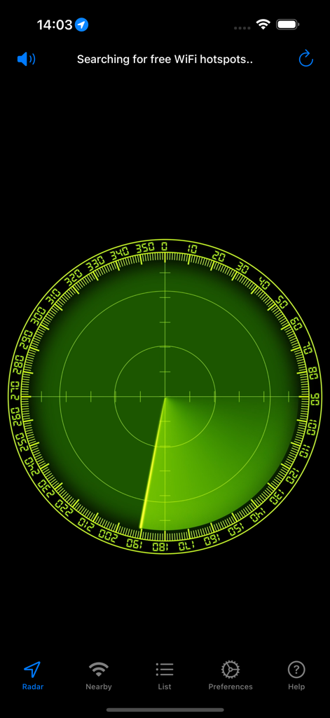 Free WiFi - Une interface d'application mobile affichant un écran radar vert à la recherche de points d'accès WiFi gratuits.