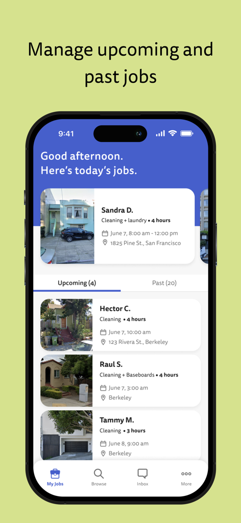 The Homeaglow for Cleaners app showing a schedule of upcoming cleaning jobs.