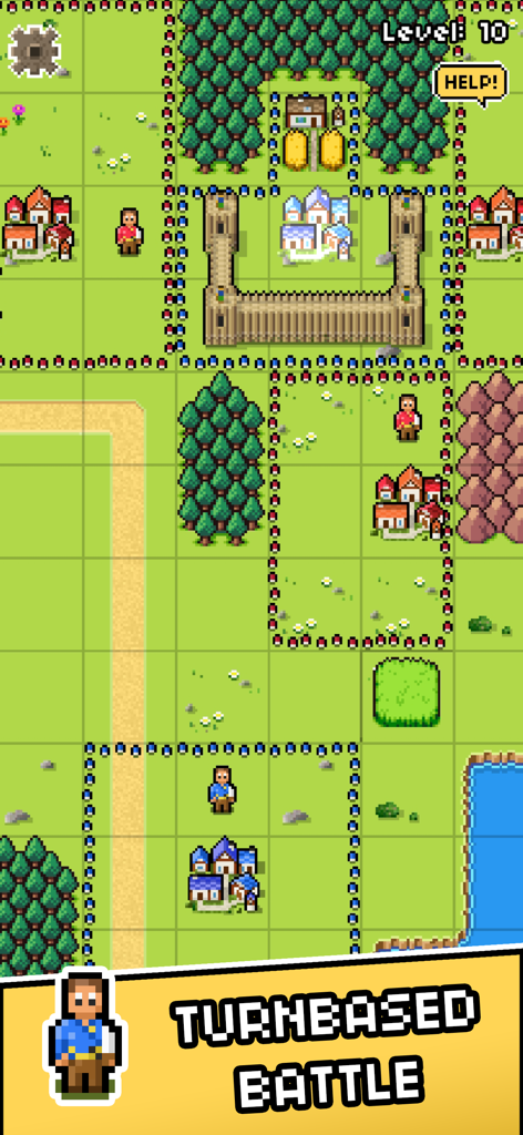 Island Empire: Build & Conquer - Pantalla de juego de estrategia por turnos con gráficos de arte de píxeles que muestran pueblos y murallas