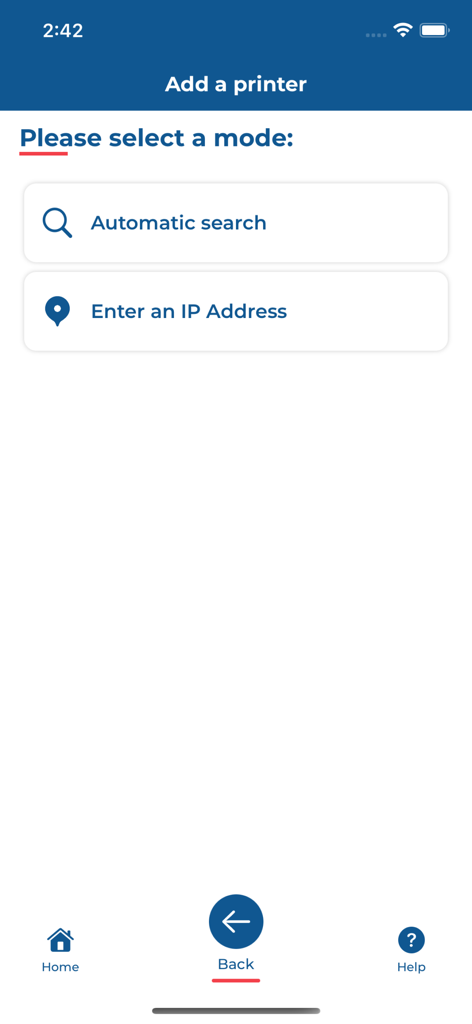 Evolis Print Service - 自動検索と手動IPアドレス入力のオプションを示すEvolis Print Serviceアプリのプリンター追加画面。