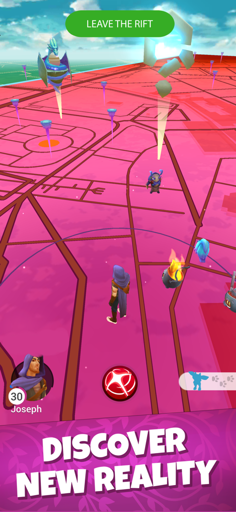 A wizard character navigating a pink GPS map in the Draconius GO augmented reality rift mode